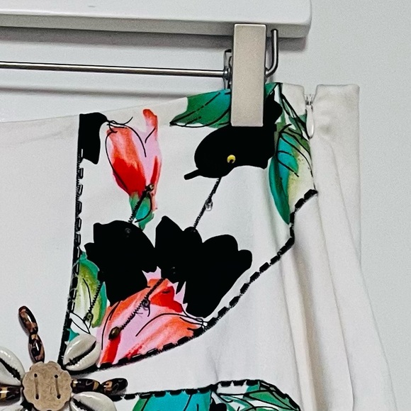 Cache Vintage Beaded Skirt A-Line Tropical Blossom Bamboo Floral SZ 4 White Y2K - Picture 7 of 11